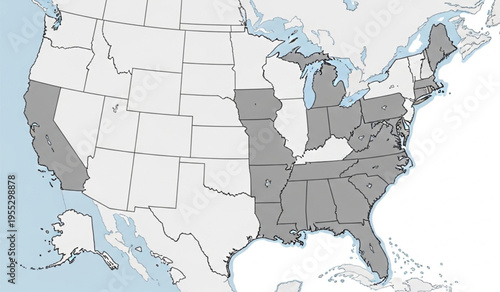 Map of the United States of America with specific states highlighted in grey for regional analysis or demographic data