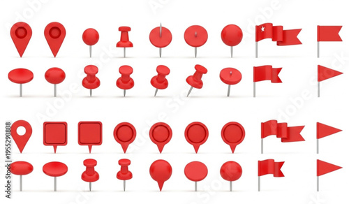 Comprehensive collection of red map pins push pins and flag markers isolated on white for location and map tagging