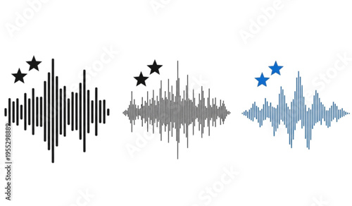 Three sets of audio sound wave frequency visualizations with star icons in black grey and blue for media player design
