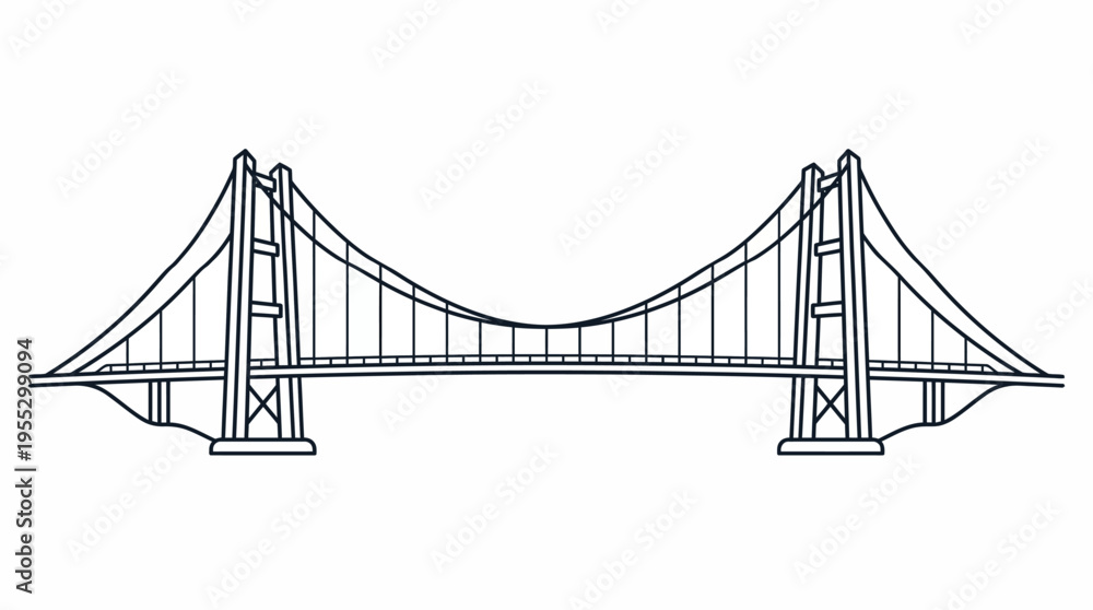 Fototapeta premium Symmetrical Double Span Suspension Bridge Outline on Isolated White Background