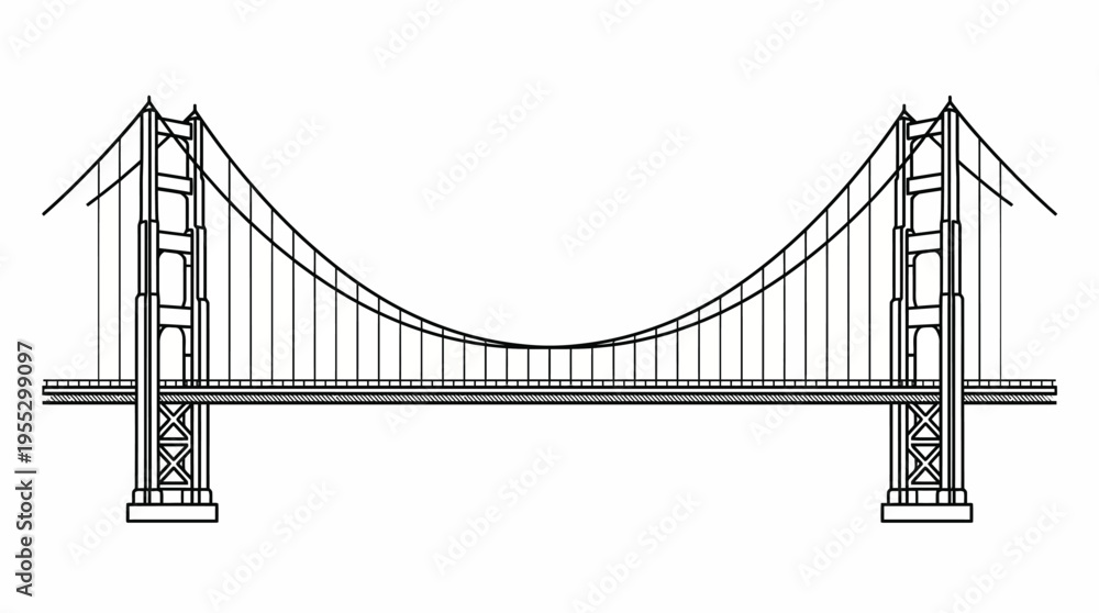 Fototapeta premium Elegant Suspension Bridge Architecture, Similar to Golden Gate Bridge, on Isolated White Background