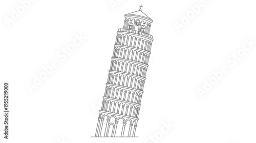 Leaning Tower of Pisa famous Italian landmark outline, isolated white background.