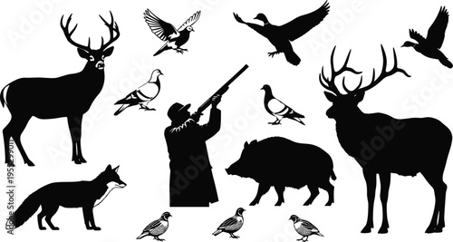 Hunting season black silhouette icons set featuring hunter with shotgun deer elk wild boar fox pheasant quail and ducks for outdoor adventure design.