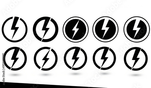 Set of black circular electric energy icons featuring lightning bolt symbols for sustainable power concepts