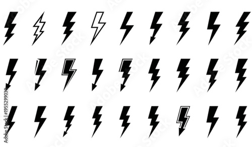 Collection of various lightning bolt icons in black and white styles isolated on white background for vector use