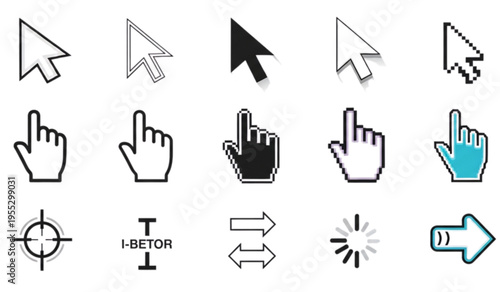 Comprehensive set of computer mouse cursors and interface pointers including hand and loading indicators in black