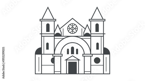 Classic European church building architecture outline, religious landmark, isolated white background.