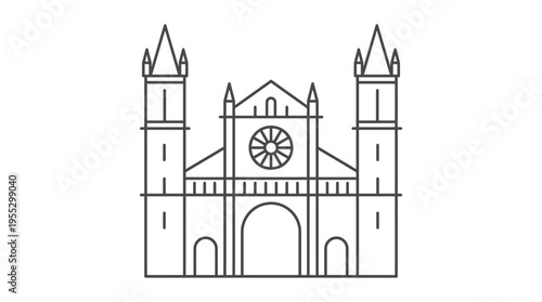 Detailed European Cathedral Church Outline, Classic Gothic Architecture Building on Isolated White Background
