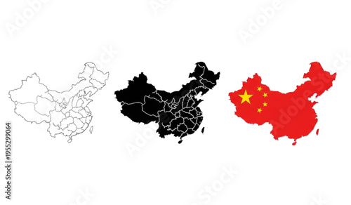Detailed map of China in outline silhouette and national flag variations for geographical and political projects