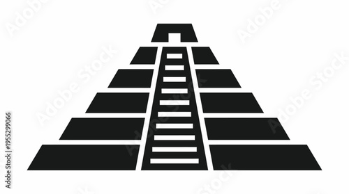 Classic Mayan Pyramid Temple with Prominent Staircase on Isolated White Background