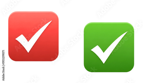 Modern red and green square checkmark icons for task completion and validation status in digital user interfaces