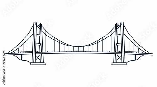 Symmetrical Double Span Suspension Bridge Outline on Isolated White Background