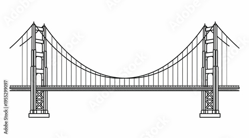 Elegant Suspension Bridge Architecture, Similar to Golden Gate Bridge, on Isolated White Background