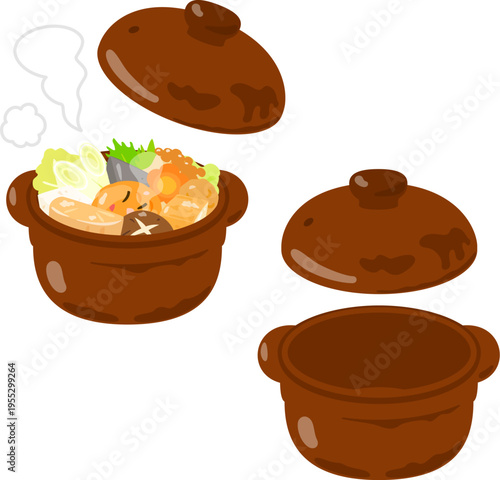 鍋料理が入った小型の土鍋と空っぽの土鍋