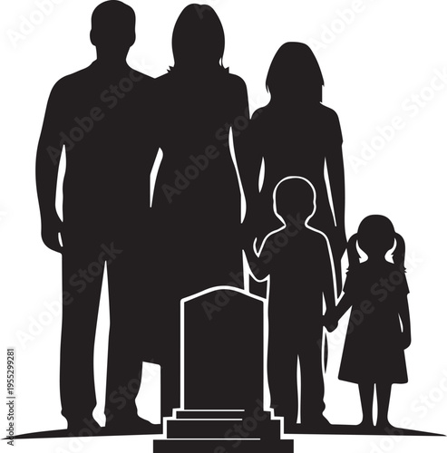 Family at grave vector silhouette illustration line art memorial and remembrance scene