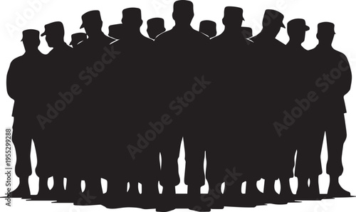 Crowd of people vector silhouette illustration line art military personnel group portrait