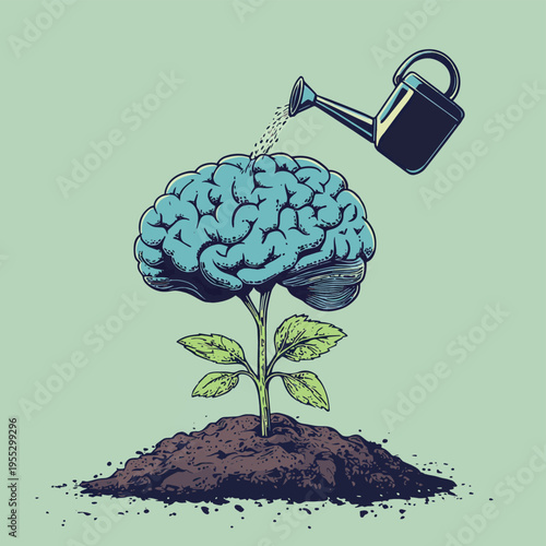 A human brain shaped like a plant sprouting from the ground with a watering can pouring water on it. , vector style simple color