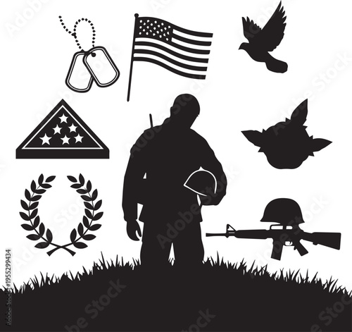 Military memorial icons vector silhouette illustration including soldier flag and dog tags