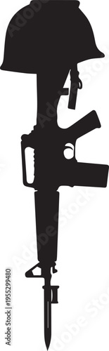 Military rifle helmet vector silhouette illustration line art fallen soldier battle cross