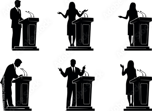 Public speaker silhouette set with male and female presenters giving speech at podium for business conference and political debate events.