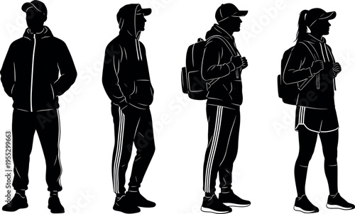 Black silhouette set of athletic people in hoodies and tracksuits wearing backpacks and caps for urban fitness and casual lifestyle.
