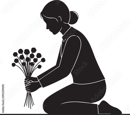 Woman mourning vector silhouette illustration line art girl kneeling with flower bouquet
