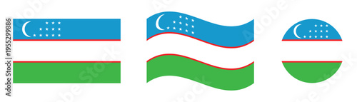 Uzbekistan Flag Vector Set Flat, Waving and Circular National Symbols