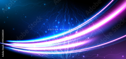 Futuristic neon light trails abstract technology background.
