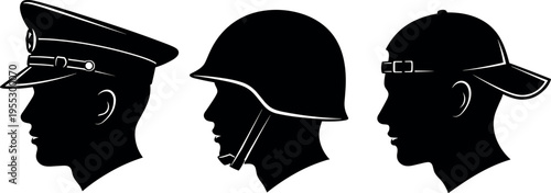 Set of three black silhouettes of men in profile wearing military officer peaked cap soldier combat helmet and casual baseball cap