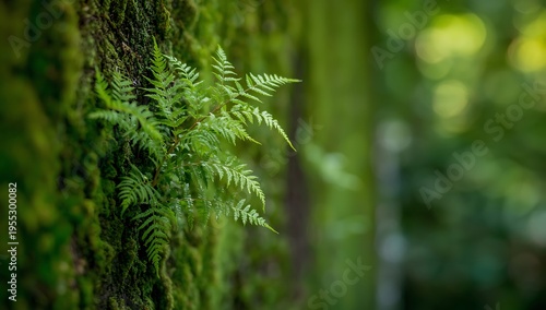 Lush green fern grows on mossy tree trunk in forest with blurred background natural light