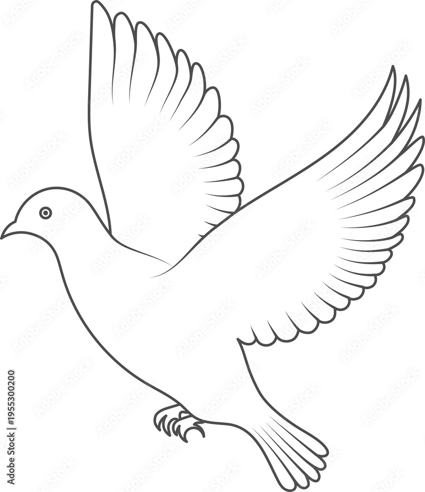 Fototapeta premium Modern, high-quality peace dove stroke outline vector. White dove transparent PNG. Line drawing of a peace bird in a flying pose. Minimalist dove icon line art.