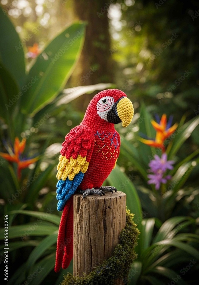 Fototapeta premium Vibrant parrot perched on tree stump in lush tropical jungle environment with flowers