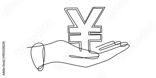 Continuous line drawing of a human hand holding a yen or yuan currency symbol on a white background. Vector, illustration
