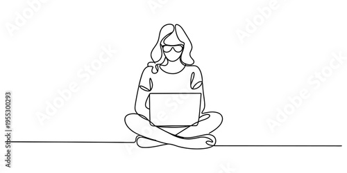 Continuous line drawing of a woman sitting on the floor and working on her laptop computer Vector, illustration