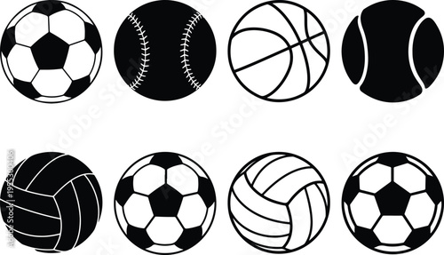 Collection of diverse sports balls including soccer, baseball, basketball, tennis, and volleyball, depicted as black and white vector icons.