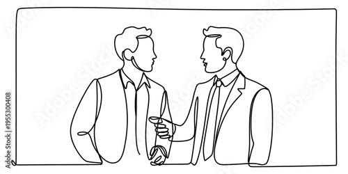 Minimalist one line art illustration of two professional men in suits talking to each other. Vector, illustration