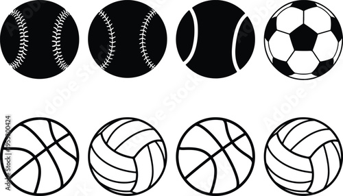 Assortment of sports balls like baseball, tennis, soccer, basketball, and volleyball, presented as black and white vector graphics on white.