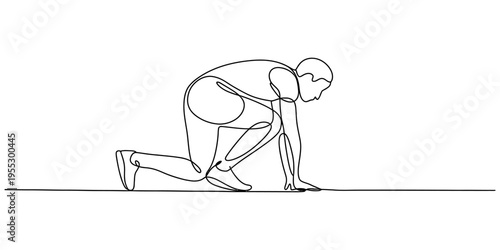 Continuous line drawing of a male runner in starting position on track for a race Vector, illustration