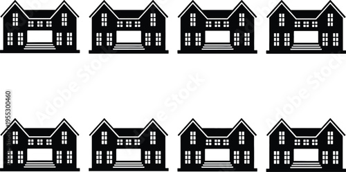 Eight black silhouette vector icons of a traditional two-story house with a porch and windows, representing residential buildings for architectural design.