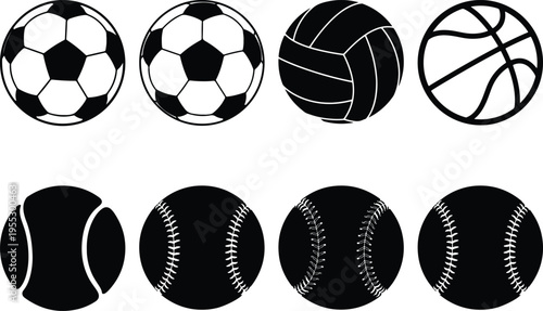 Set of eight black and white vector illustrations of various sports balls like soccer, tennis, baseball, basketball, and volleyball, perfect for sports graphics.