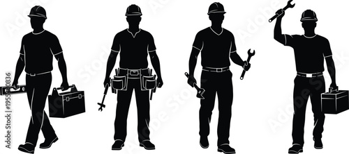 Construction worker silhouettes set with tools, builder handyman poses black flat vector illustration isolated on white background