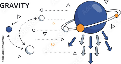 Gravity concept vector illustration featuring planetary attraction orbit motion and falling objects with directional arrows in modern educational physics design