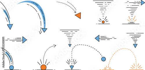 Gravity motion and projectile trajectory diagram set with arrows, falling objects, curved paths and physics motion concepts for educational illustration