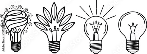 Creative light bulb idea icons set, innovation concept line art cad drawing flat vector illustration inspiration symbol