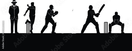 Cricket players silhouette set, cad drawing flat vector illustration of batsman bowler wicketkeeper umpire on white background