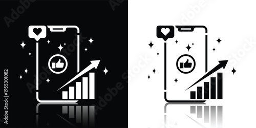 Social Media Growth Icon with Smartphone, Upward Chart, and Marketing Elements Silhouette