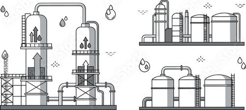 Industrial refinery plant vector illustration featuring chemical processing towers pipelines storage tanks and factory infrastructure in detailed line art design