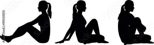 Silhouette of a Young Woman Sitting in Three Different Poses Isolated on White Background for Yoga Wellness and Healthy Lifestyle
