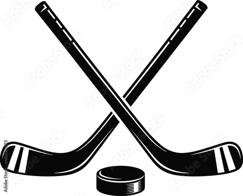 Crossed hockey sticks and puck emblem, ice sport logo black flat vector illustration isolated on white background