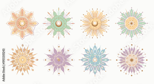 Collection of Eight Intricate Mandala Designs in Pastel Colors.